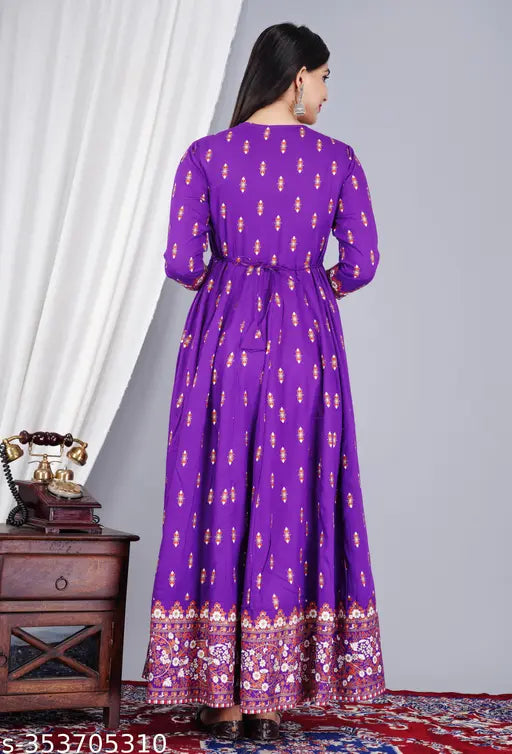 Purple color long-tiered dress kameez with an amber print yoke, festive, traditional outfit
