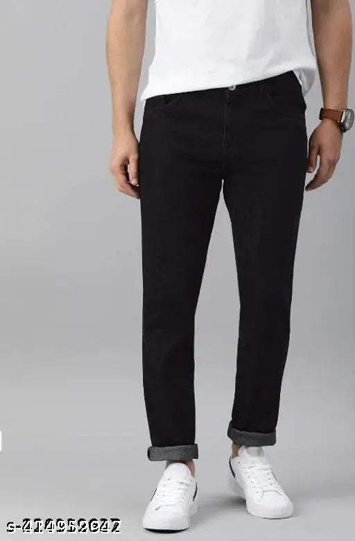 Black denim men's jeans, affordable and durable with trendy design, ideal for parties or casual wear