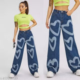 Baggy Jeans,Heart print wide leg denim Jeans- Dark blue