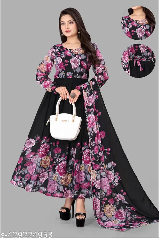 Georgette A-line printed kurta set with duppatta for women, elegant and stylish, long sleeves, size S-5XL, made in India