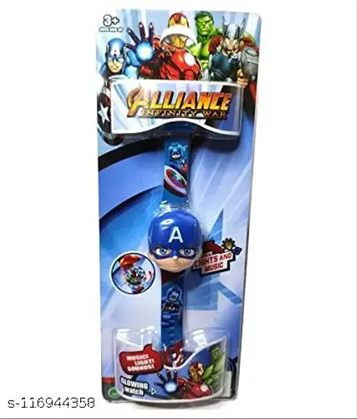 A flashlight music watch for kids, modeled after the Marvel Avengers