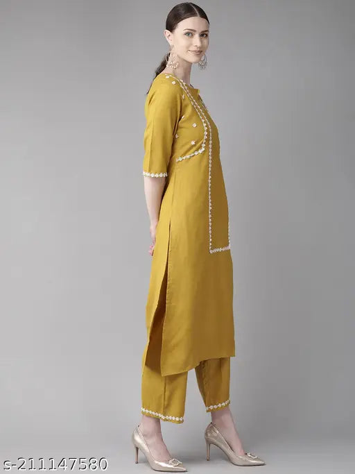 Women's heavy rayon lace border Kurta pent set with palazzos, solid net, A-line stitching, ready-made, India origin