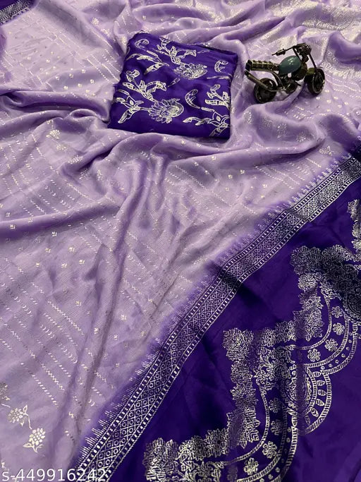 Chiffon saree with lace border, foil print design, budget-friendly Indian fashion