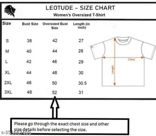 Women's oversized drop shoulder T-shirt, featuring a size chart on left with measurements in centimeters