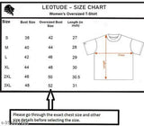 Women's oversized drop shoulder T-shirt, featuring a size chart on left with measurements in centimeters