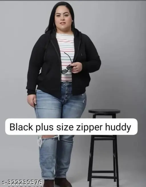 Fleece fleece-lined plus size women's huddy in solid color, warm zipper design, XXL (44in bust, 26in length)