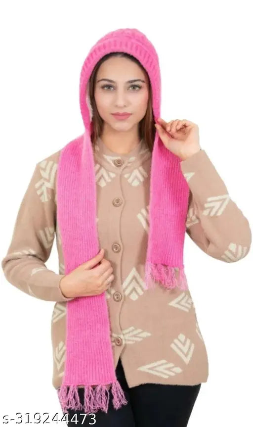 Pink faux fur hooded jacket with a scarf around neck