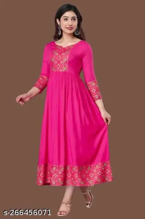 Rayon printed Anarkali kurti for women, three-quarter sleeves, pink with lace border - attractive daily wear ethnic classic stitched kurti from India