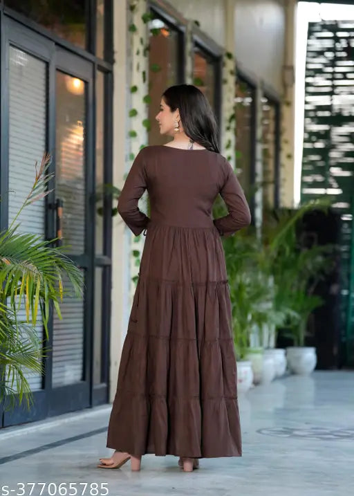 Brown embroidered rayon anarkali dress, 34 sleeve, long length