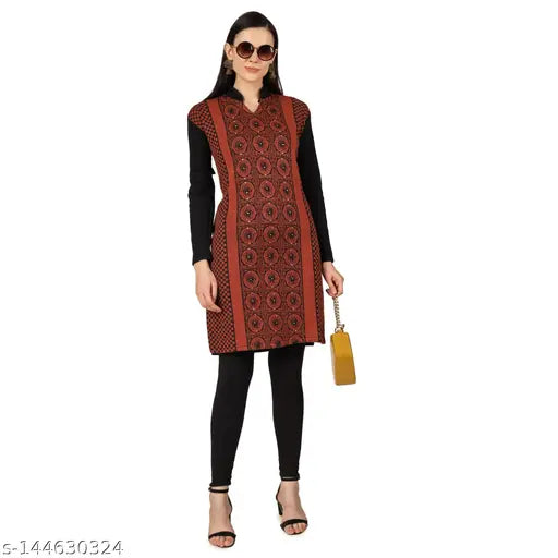 Black paisley patterned woolen kurta dress for women