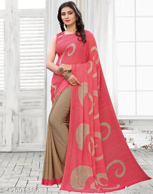 Georgette saree with peach printed border, sleeveless blouse, 9 yard length