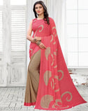 Georgette saree with peach printed border, sleeveless blouse, 9 yard length