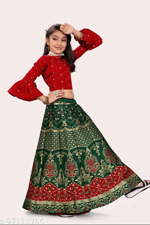 Bamboo Kids Lehenga, traditional Indian semi-stitched outfit for 7-8 years old in self-design jacquard patterns, country of origin: India