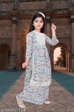 modern girls cotton blend kurta&palazoo set, A-line sharara style with printed pattern, knee-length, three-quarter sleeves for kids aged 4-12 years