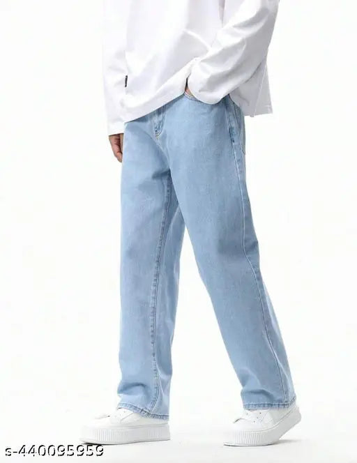 Wide leg blue denim jeans for men