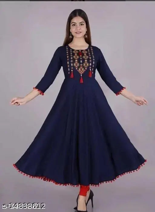Rayon embroidered kurtis, three-quarter sleeves, Indian fashion for women, combo of sizes S-XXXL on display rack
