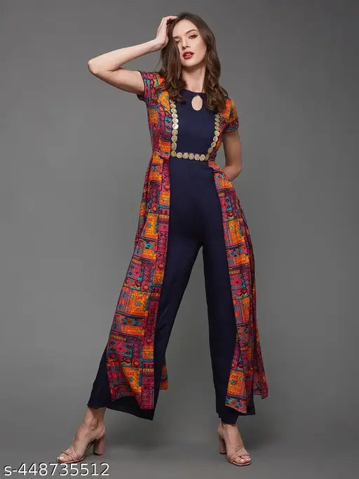 Multicolored base navy blue viscose rayon boho jumpsuit with keyhole neck, short sleeves, and back closure - women's fashion