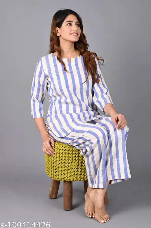 Striped rayon nightsuit with three-quarter sleeves, comfortable and stylish for a restful sleep. (Color not specified in the title/description)
