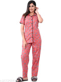 Pink comfort cotton women's nightshirt and pants set with short sleeves, printed pattern, premium cotton for daily wear, India origin