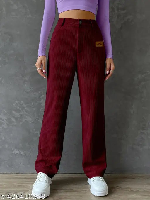 Maroon striped cotton women's trousers