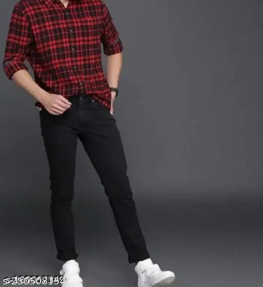men's denim pants, light wash, solid black pattern, clean look. Size 28 (waist 32", length 38") or size 30 (waist 28", length 36"), size 32 (waist 30", length 37"). Made in India