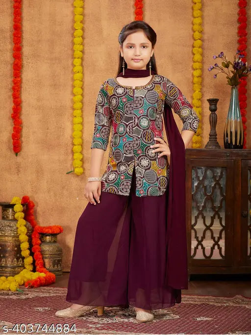 Wine-colored sequin thread embroidery Georgette kurti & sharara set for girls, AARIKA ethnic wear