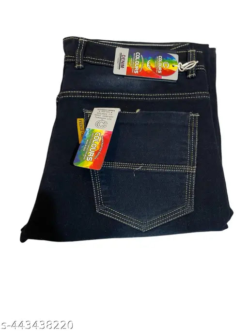 Navy blue denim jeans with visible stitching and a tag in the right leg pocket