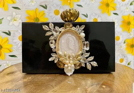 Handicraft clutch, resin handle with embellishments and stone detailing, women's fashion accessory