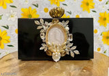 Handicraft clutch, resin handle with embellishments and stone detailing, women's fashion accessory
