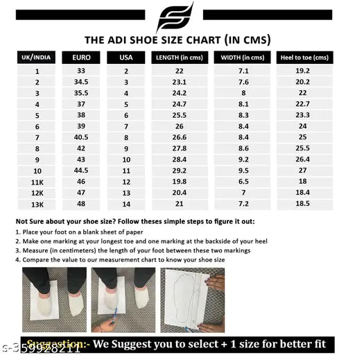 ADI Football shoe, boys size chart with measurements in UK, Europe, and US