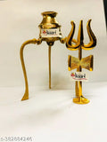Brass Shivling stand for puja, decorative showpiece with trishul and lota, symbolizing Shiva's energy. Dimensions: 10cm x 12cm x 10cm, Indian origin