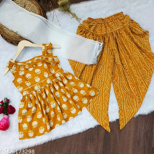Yellow Jaypuri cotton print dhoti kurta set for girls with dupatta, anarkali top shape and dhoti pants bottom type. Printed design, sleeveless style, comfortable and fashionable clothing for ages 6-13 years old, made in India