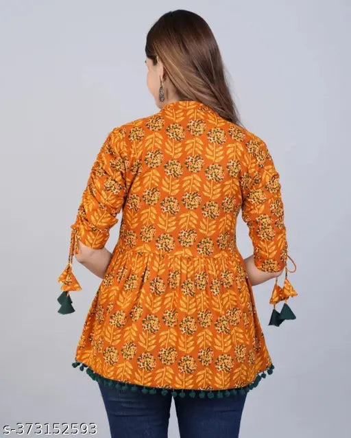 Brown and gold patterned short kurti with flared sleeves