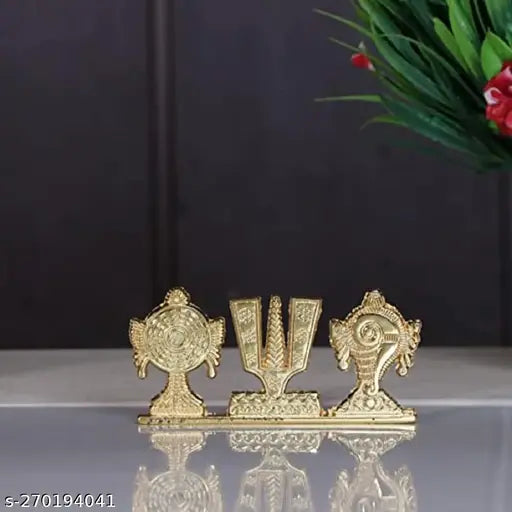 Brass Tirupati Balaji Shankh Chakra Namam Decorative Showpiece, small metal wall art for home temple, India origin