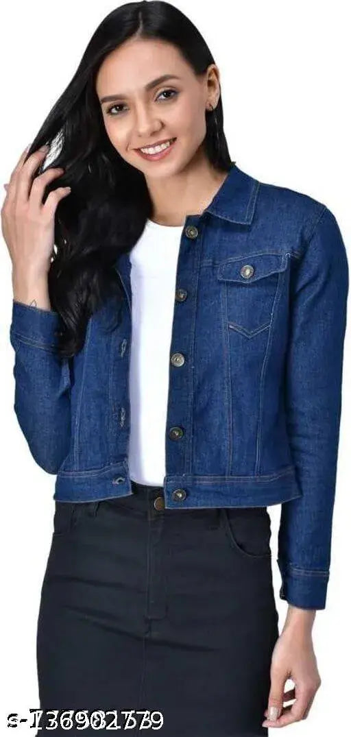 Denim women's jacket, solid pattern, long sleeves, perfect for a casual night out. Indian-made