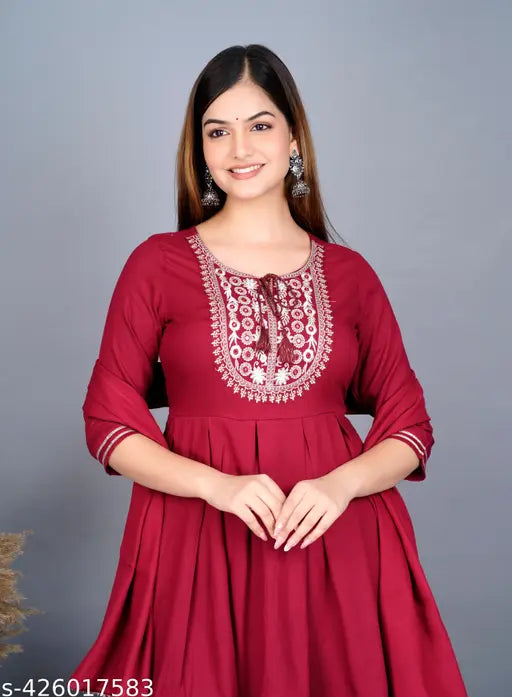 Red rayon rani rashi kurta with sharara and dupatta set, detailed embroidery design