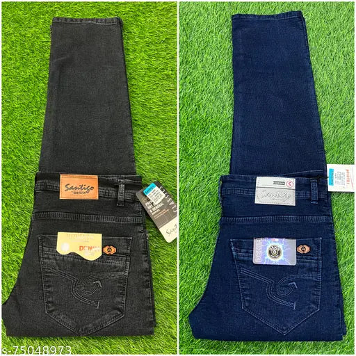 Made-in-India men's denim combo jeans, soft and stretchable fabric, long-lasting solid blue design, sizes available from 30 to 38
