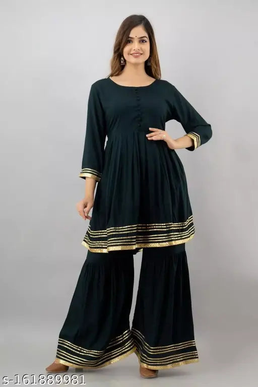 Solid Viscose Rayon Women's Kurta and Sharara Set, three-quarter sleeves. Indian ethnic wear for S to XXL sizes