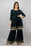 Solid Viscose Rayon Women's Kurta and Sharara Set, three-quarter sleeves. Indian ethnic wear for S to XXL sizes
