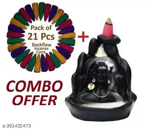 Poly Resin Adi Shankara Lord Shiva Adiyogi Smoke Backflow Fountain with 21 Incense Cones, Indian Decorative Showpiece