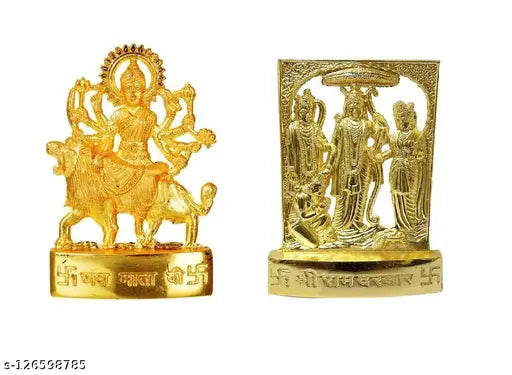 Gold-plated religious metal set, includes Maa Durga, Hanuman, Shankar, Laxmi, and Ganesh