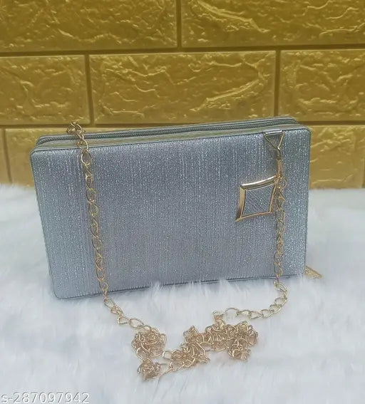 Gray sequin clutch, gold chain strap, multiple compartments