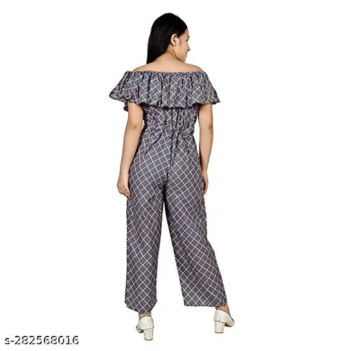 Black and white patterned jumpsuit for girls, featuring off-shoulder design