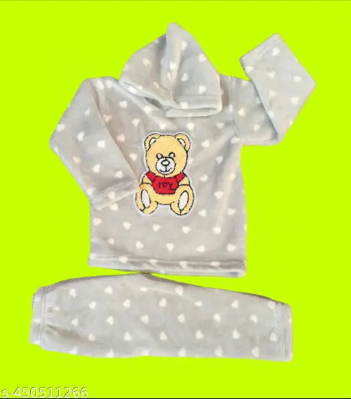 Gray & white hearts print woolen kids hoodie for winter, size N: suitable for 1-2 years (India)