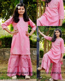 Stylish embroidered rayon kurta and sharara set for kids, three-quarter sleeves, A-line shape, printed pattern. Sizes available from 3-4 years to 15-16 years. Indian handmade on thread and mirror work