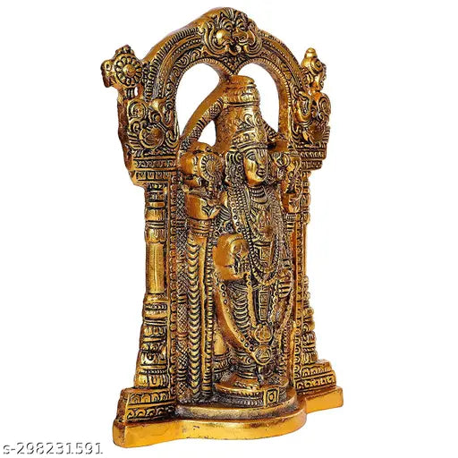 Metal Balaji Idol Lord Venkateswara, golden finish, traditional style home decor or car dashboard mandir, 5cmL x 17cmW x 24cmH