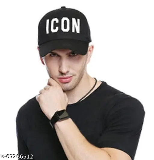 Modern cotton Icon White embroidery cap black, solid design with printed pattern. Adjustable baseball cap for men and boys. Indian origin