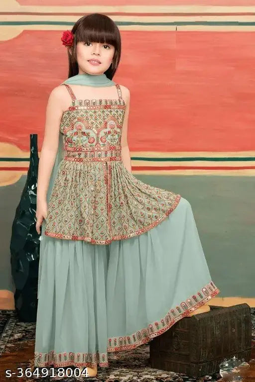Georgette sleeveless kurti & duppata set, vibrant Indian attire for kids aged 3-14