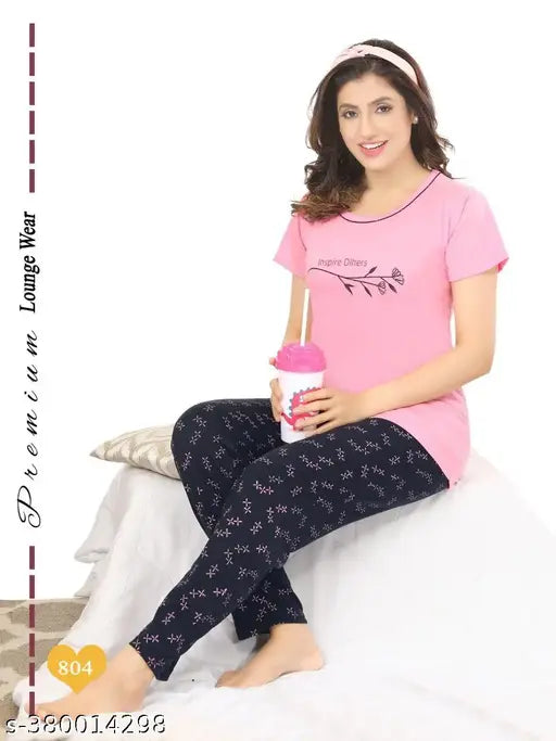 Pink women's pajama set, cotton with winter festival special printed net design, ideal for sleepwear and loungewear