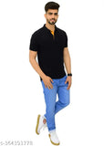 3BROS Solid Polo Neck Short Sleeves Cotton Blend Black Stylish Fashionable & Comfortable Trendy Graphic Mens T-shirts